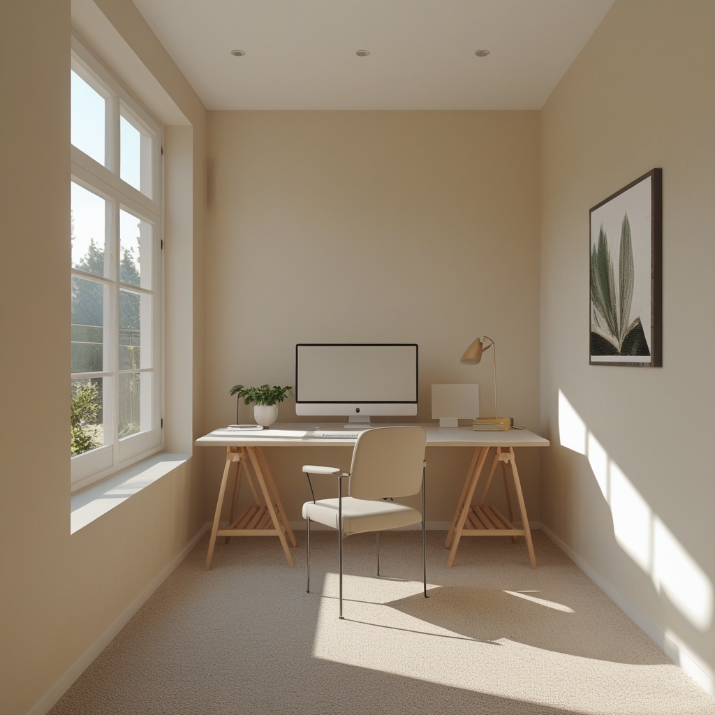 A clean, minimal home office workspace with an ergonomically arranged desk, monitor at eye level, natural light from a window on the left side, and a simple chair with upright back support