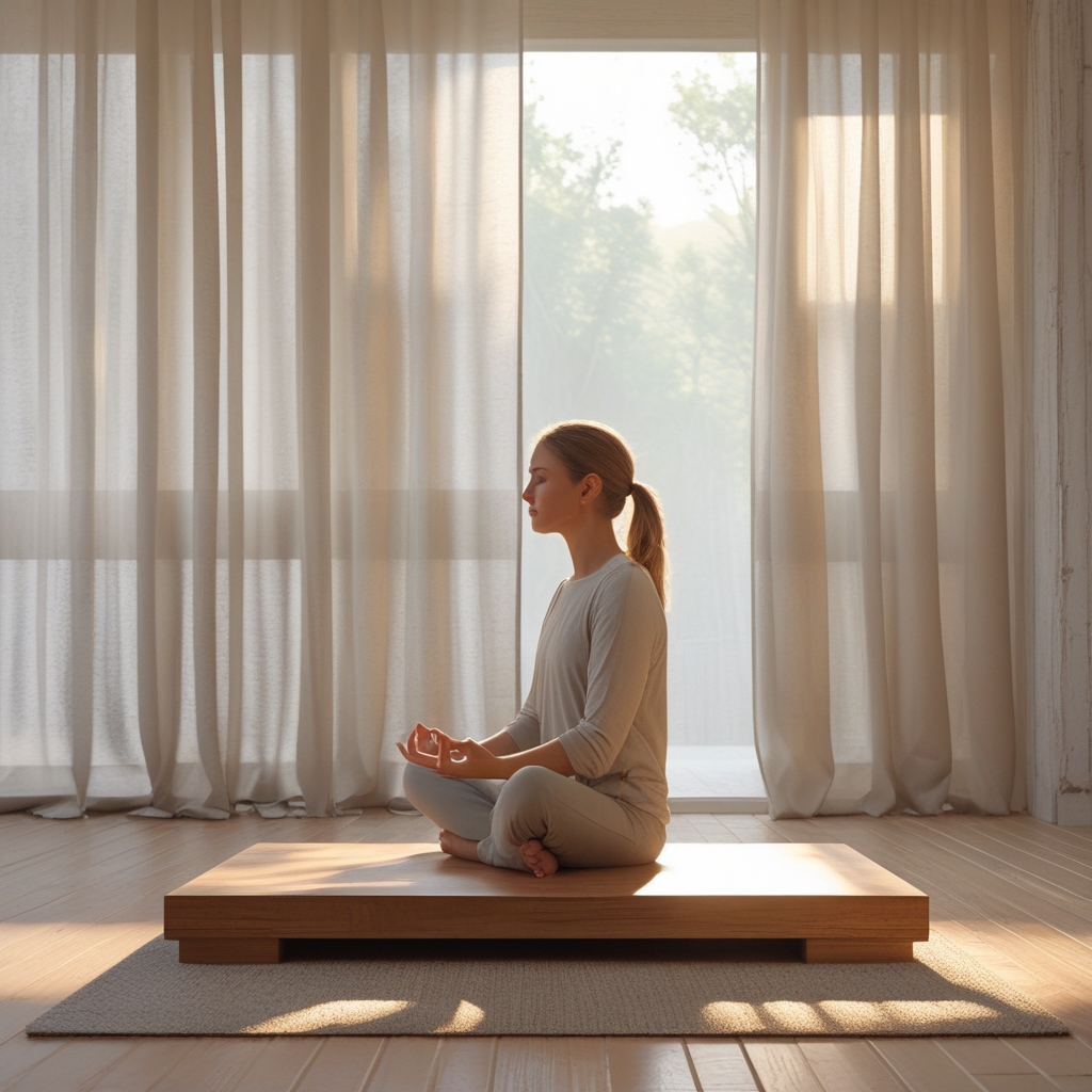 Person sitting in a calm, upright meditation posture on a wooden platform in a minimalist room with soft diffused natural light through sheer curtains